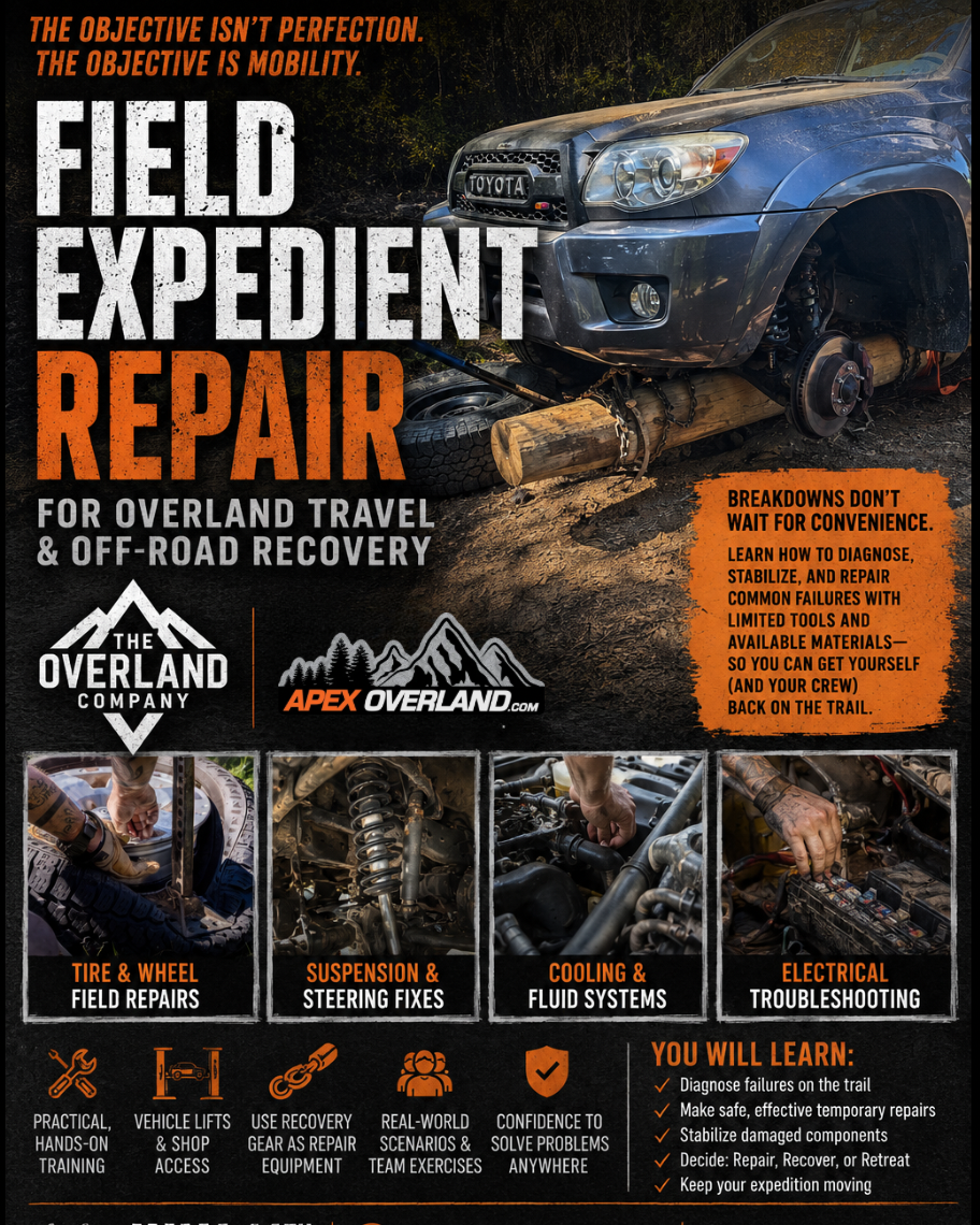 Advertisement for Apex Overland's Field Expedient Repair course with a truck on a dirt road.